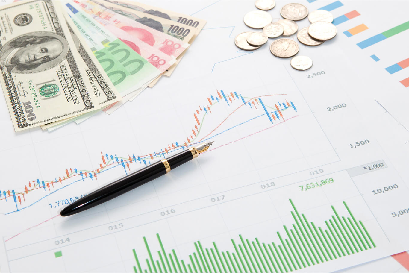 Trading chart with currency notes showing market trend analysis